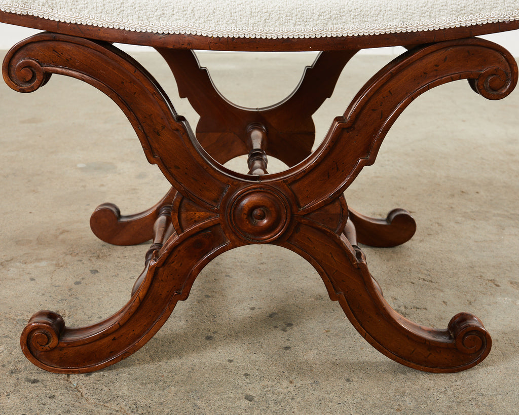 Italian Regency Style X Form Walnut Bench Stool with Bouclé