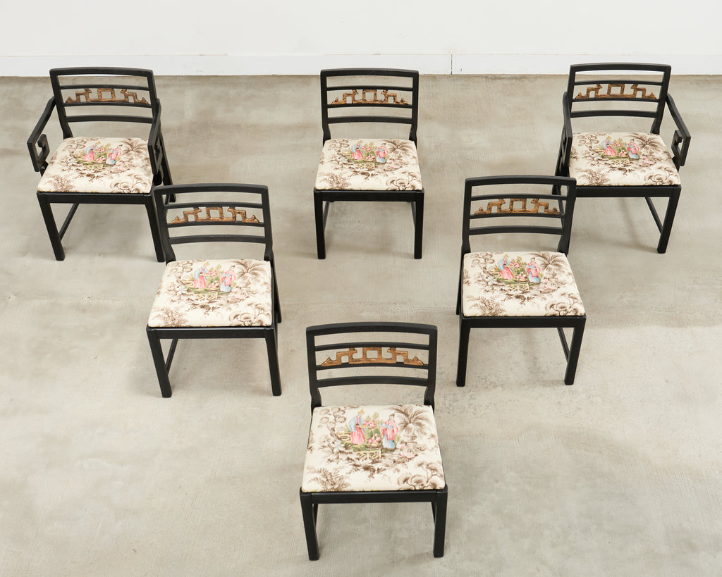 Set of Six Baker Chinoiserie Greek Key Dining Chairs 1960