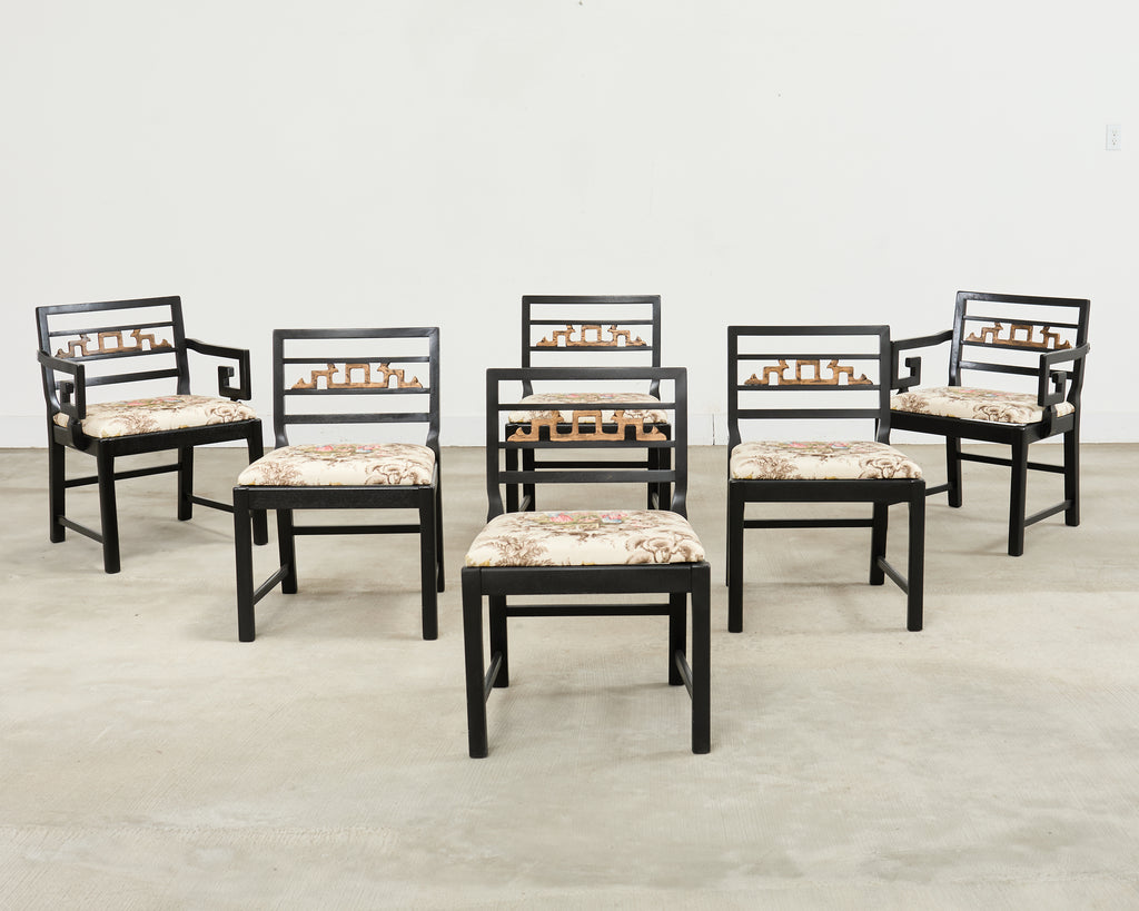 Set of Six Baker Chinoiserie Greek Key Dining Chairs 1960