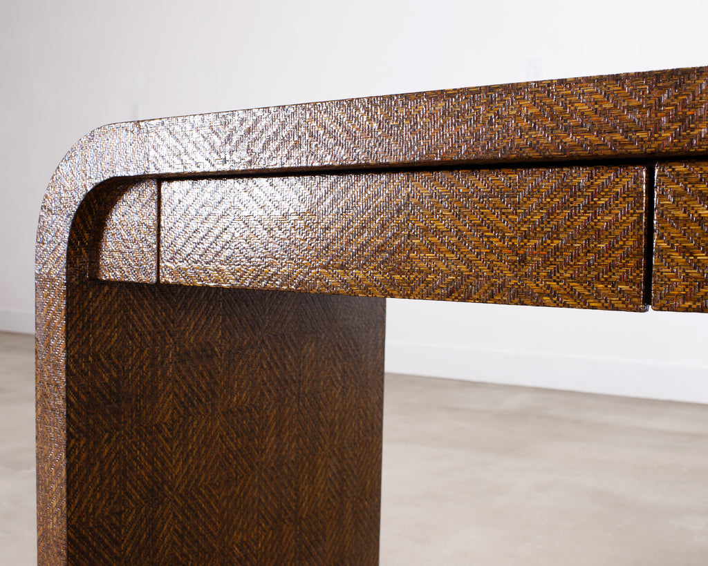 Karl Springer-Style Organic Modern Grasscloth Waterfall Desk