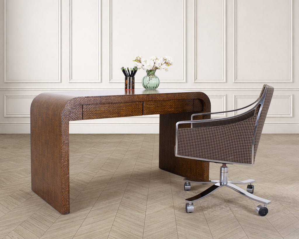 Karl Springer-Style Organic Modern Grasscloth Waterfall Desk