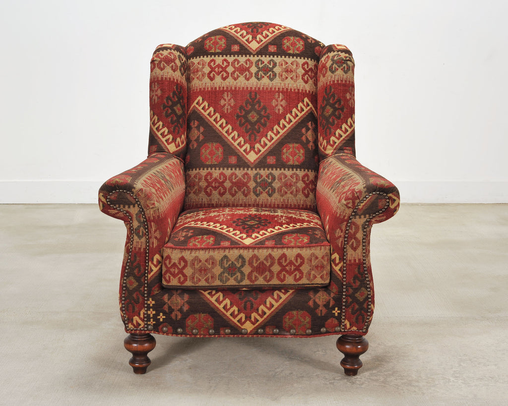 King Ranch Kilim Rug Style Upholstered Lounge Chair + Ottoman
