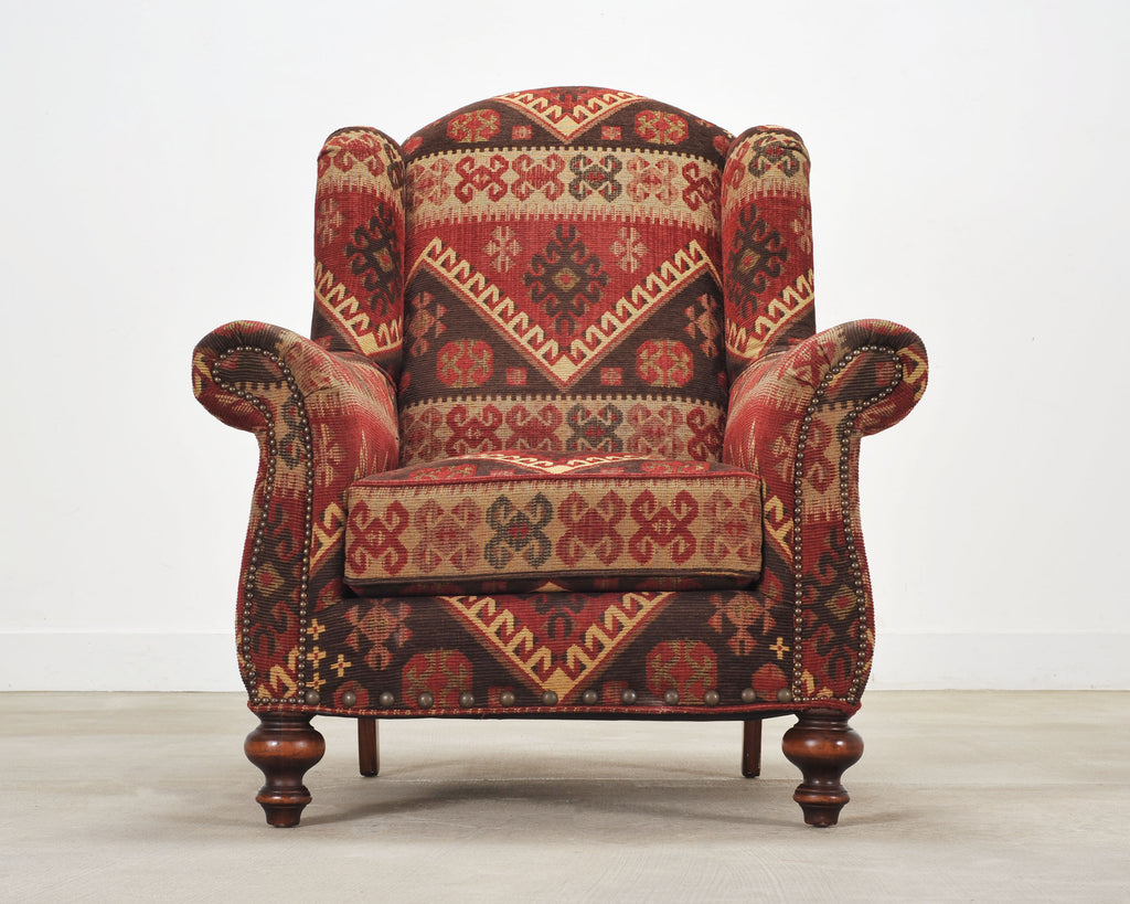 King Ranch Kilim Rug Style Upholstered Lounge Chair + Ottoman