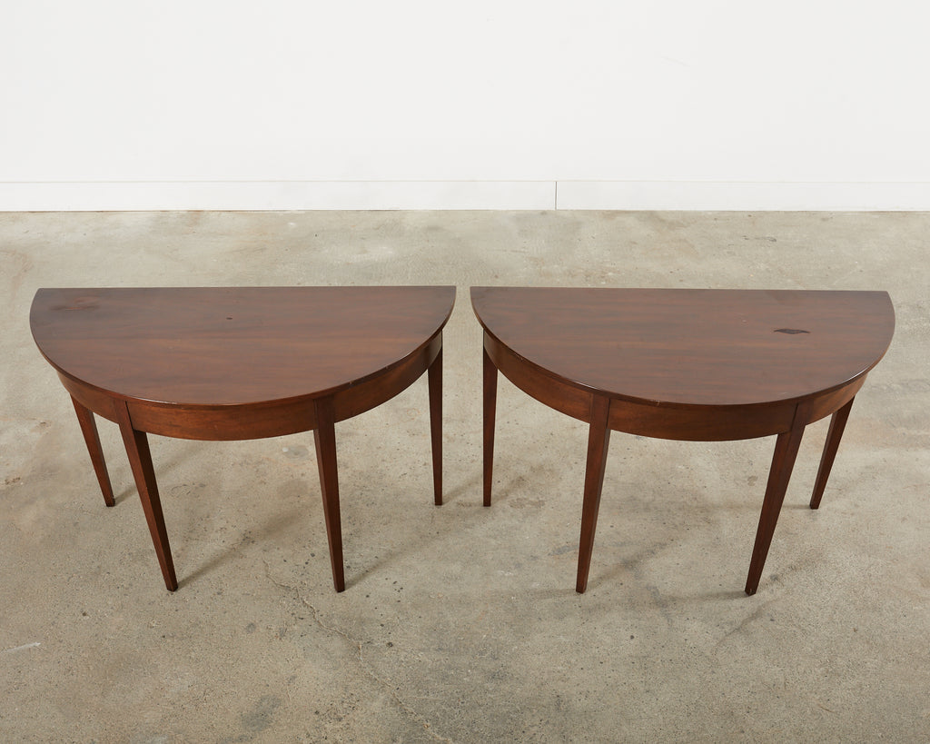 Pair of English Georgian Style Mahogany Demilune Consoles by Kittinger