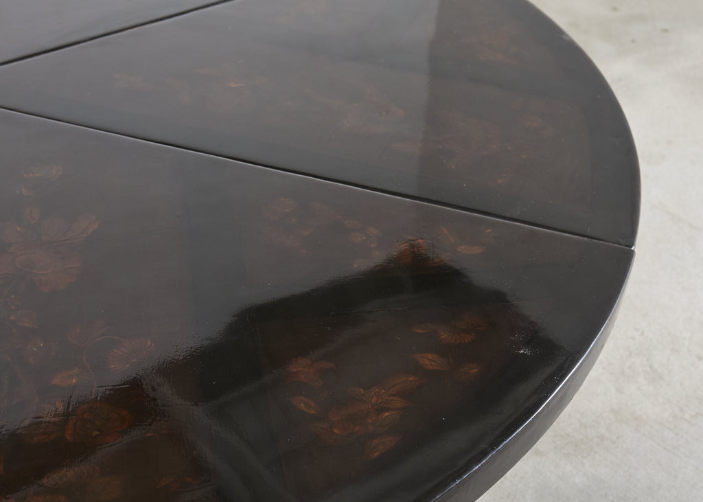 L. Rossi Expandable Round Chinoiserie Lacquered Dining Table 7 Ft