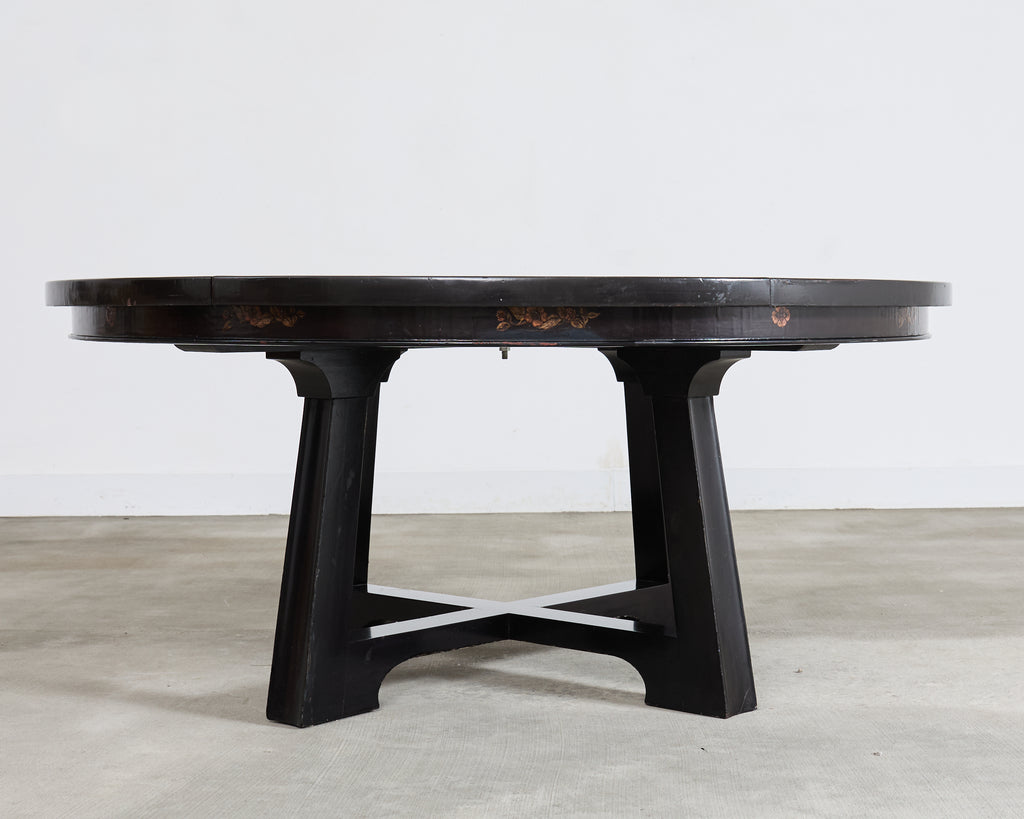 L. Rossi Expandable Round Chinoiserie Lacquered Dining Table 7 Ft