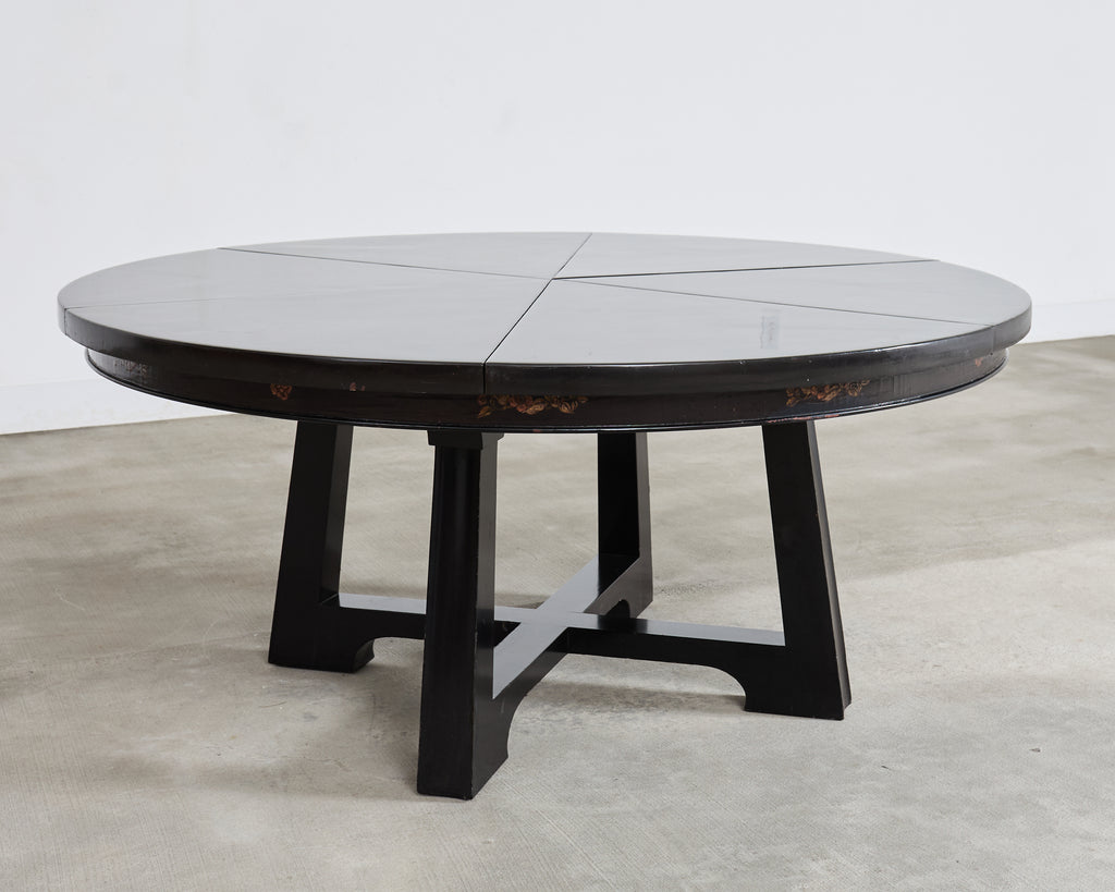 L. Rossi Expandable Round Chinoiserie Lacquered Dining Table 7 Ft
