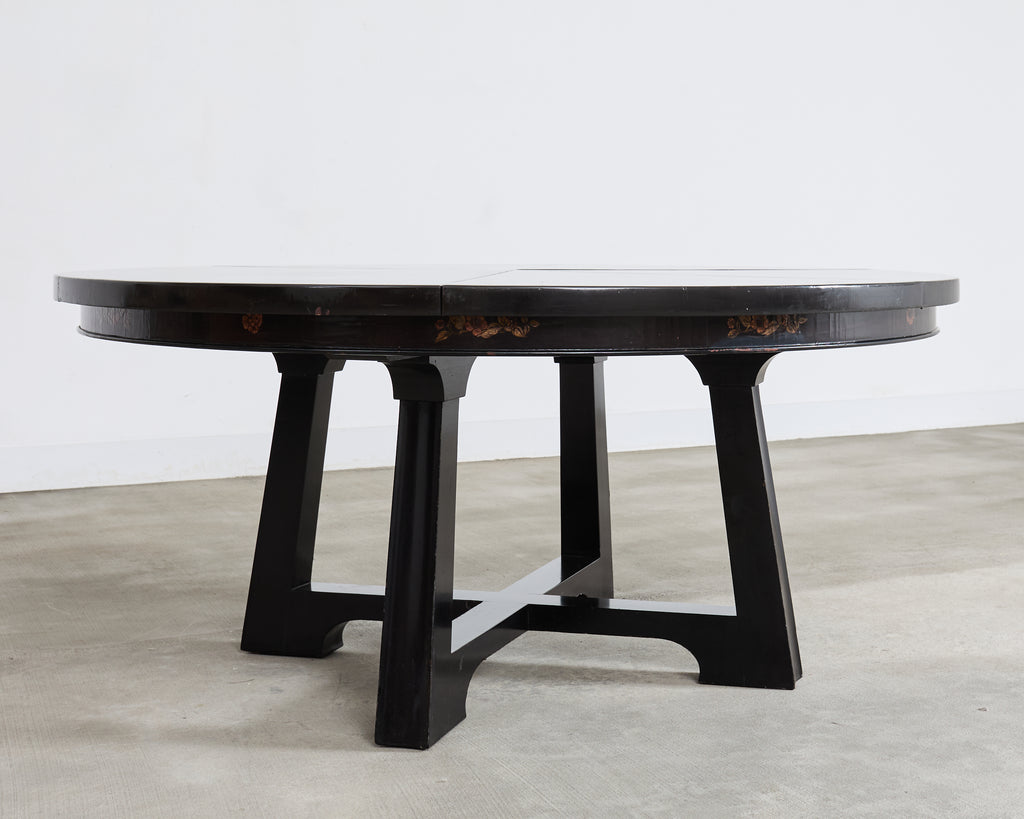 L. Rossi Expandable Round Chinoiserie Lacquered Dining Table 7 Ft