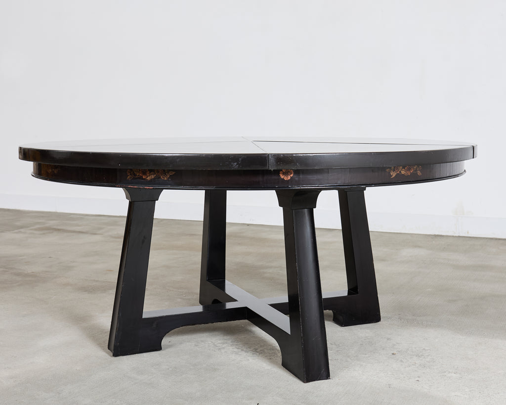 L. Rossi Expandable Round Chinoiserie Lacquered Dining Table 7 Ft