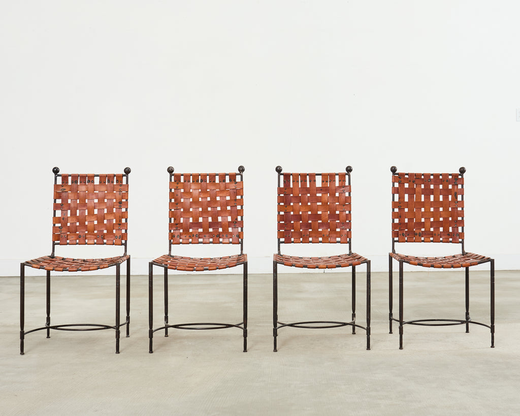 Set of Four Mario Papperzini Iron Leather Strap Dining Chairs