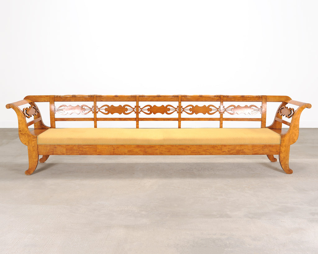 Monumental Swedish Biedermeier Style Burl Hall Bench 11.5 Ft