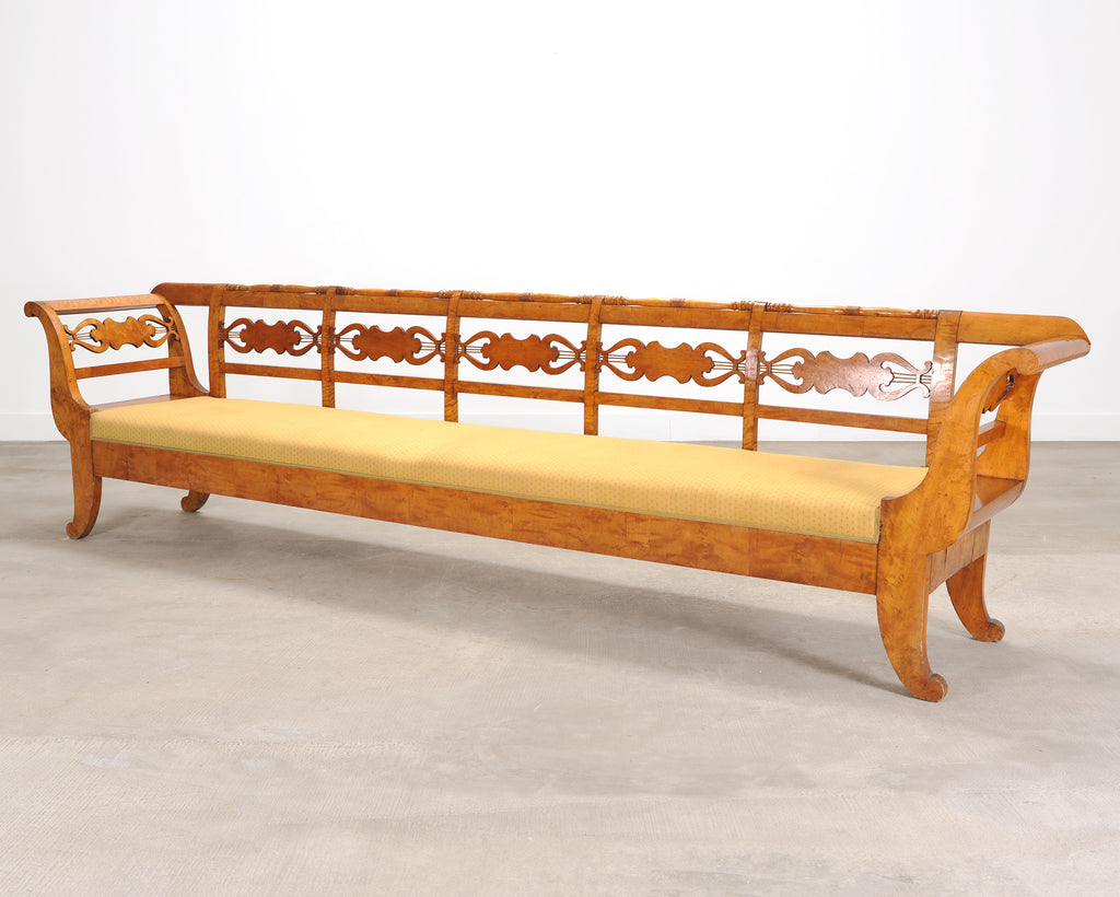Monumental Swedish Biedermeier Style Burl Hall Bench 11.5 Ft