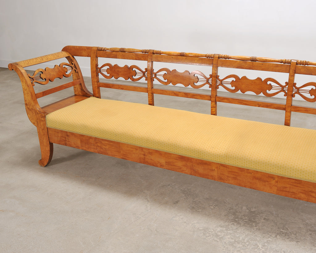 Monumental Swedish Biedermeier Style Burl Hall Bench 11.5 Ft