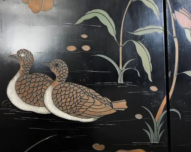 Chinese Export Eight Panel Coromandel Screen Lotus Blossoms