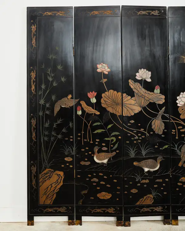 Chinese Export Eight Panel Coromandel Screen Lotus Blossoms