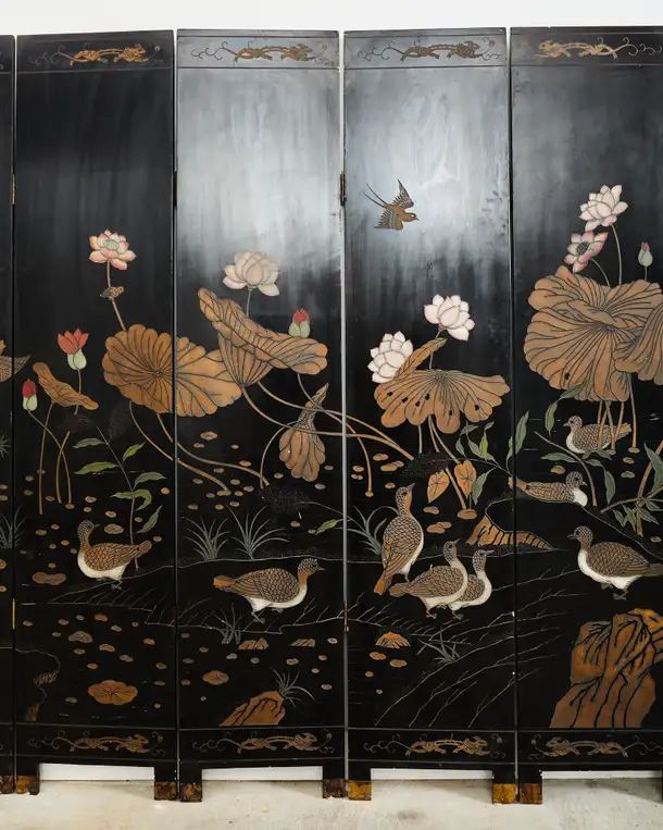 Chinese Export Eight Panel Coromandel Screen Lotus Blossoms