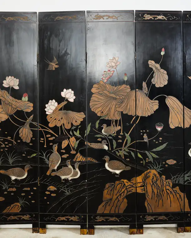 Chinese Export Eight Panel Coromandel Screen Lotus Blossoms