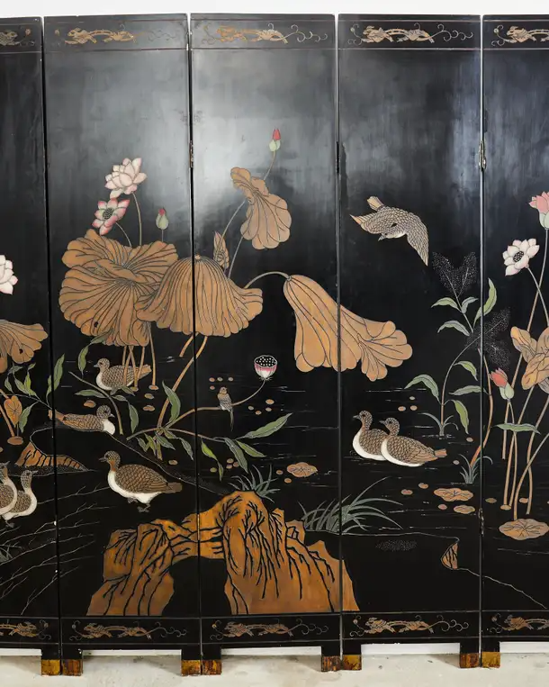 Chinese Export Eight Panel Coromandel Screen Lotus Blossoms