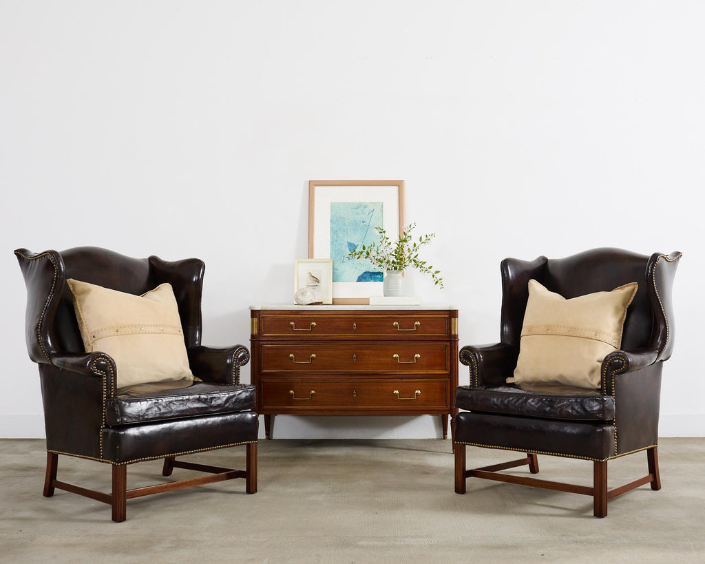 Pair of Georgian Style Cigar Leather Wingback Library Chairs