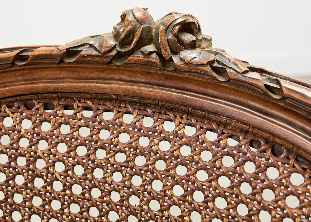 French Louis XVI Style Carved Walnut Cane Fauteuil Armchair