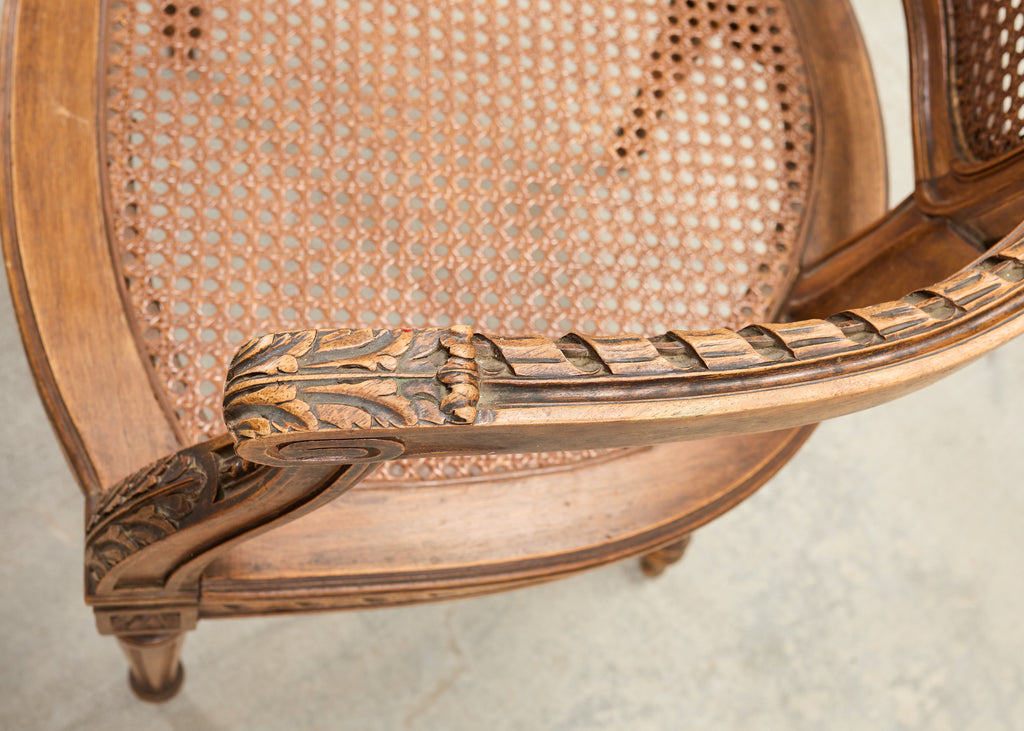 French Louis XVI Style Carved Walnut Cane Fauteuil Armchair
