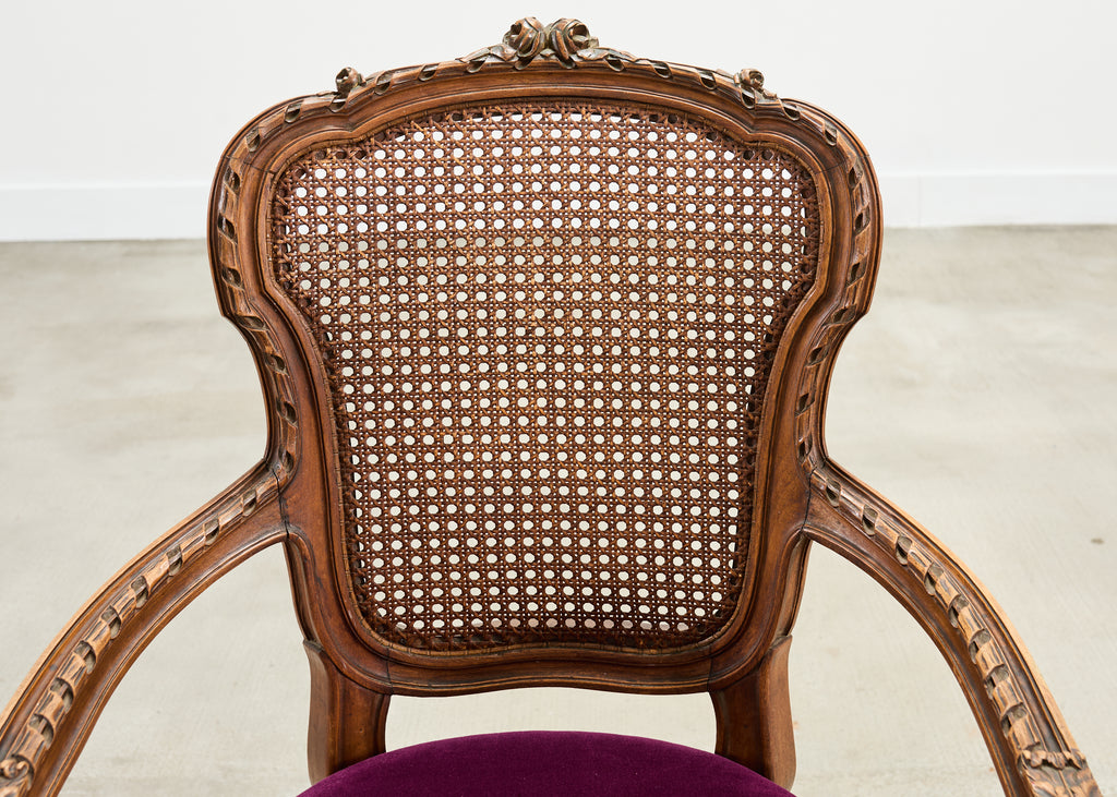 French Louis XVI Style Carved Walnut Cane Fauteuil Armchair