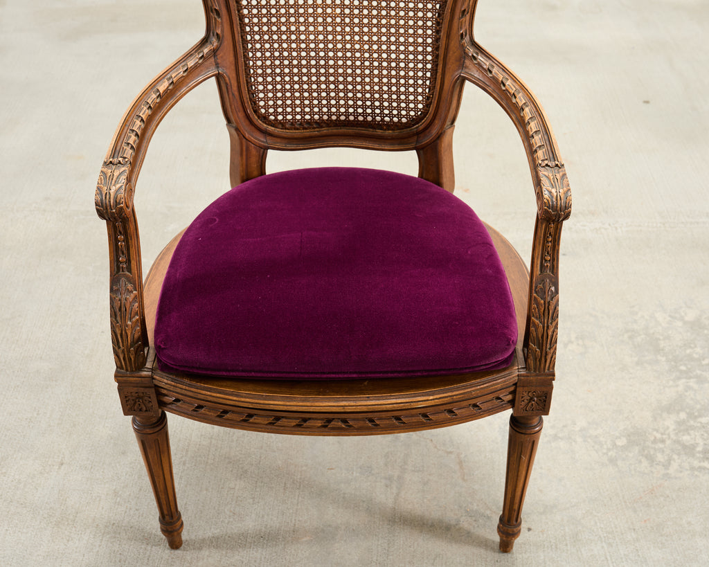 French Louis XVI Style Carved Walnut Cane Fauteuil Armchair