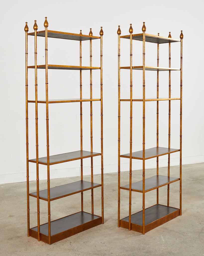 Pair of Italian Regency Faux Bamboo Iron Etagere Display Shelves