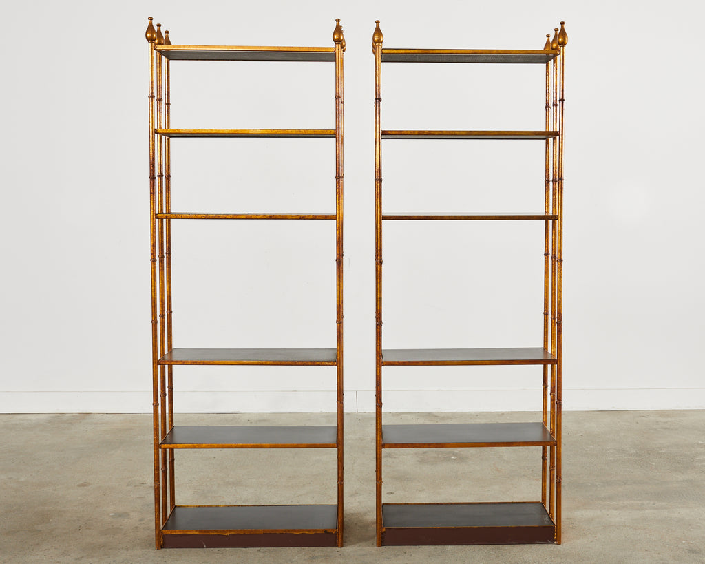 Pair of Italian Regency Faux Bamboo Iron Etagere Display Shelves