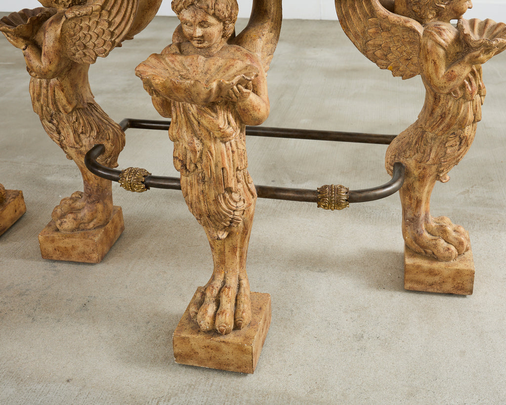 Pair of Maitland Smith Neoclassical Cast Stone Demilune Consoles