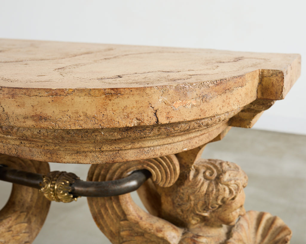 Pair of Maitland Smith Neoclassical Cast Stone Demilune Consoles