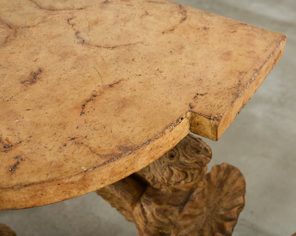 Pair of Maitland Smith Neoclassical Cast Stone Demilune Consoles