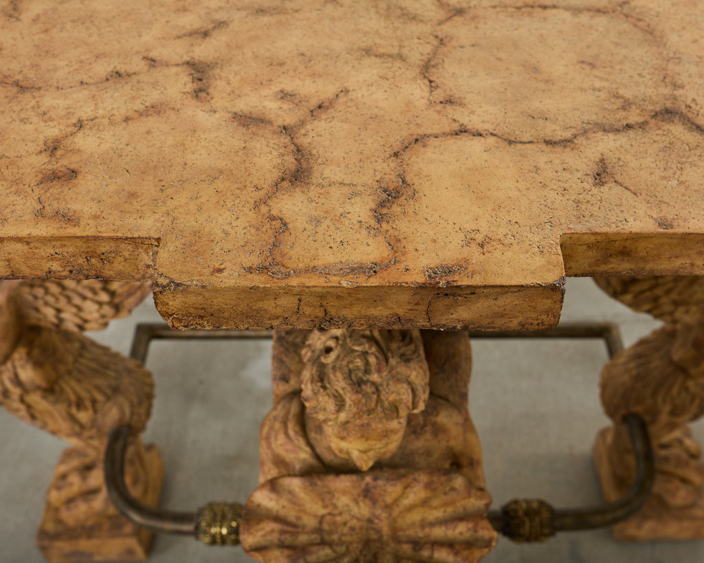 Pair of Maitland Smith Neoclassical Cast Stone Demilune Consoles