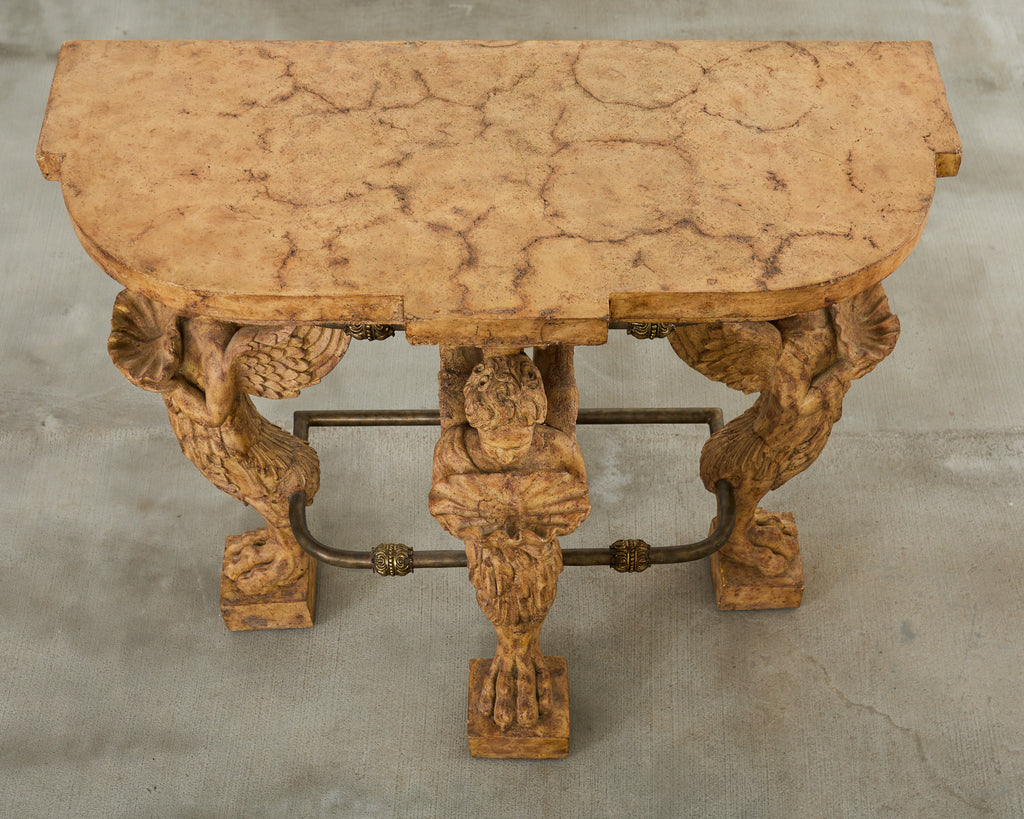 Pair of Maitland Smith Neoclassical Cast Stone Demilune Consoles