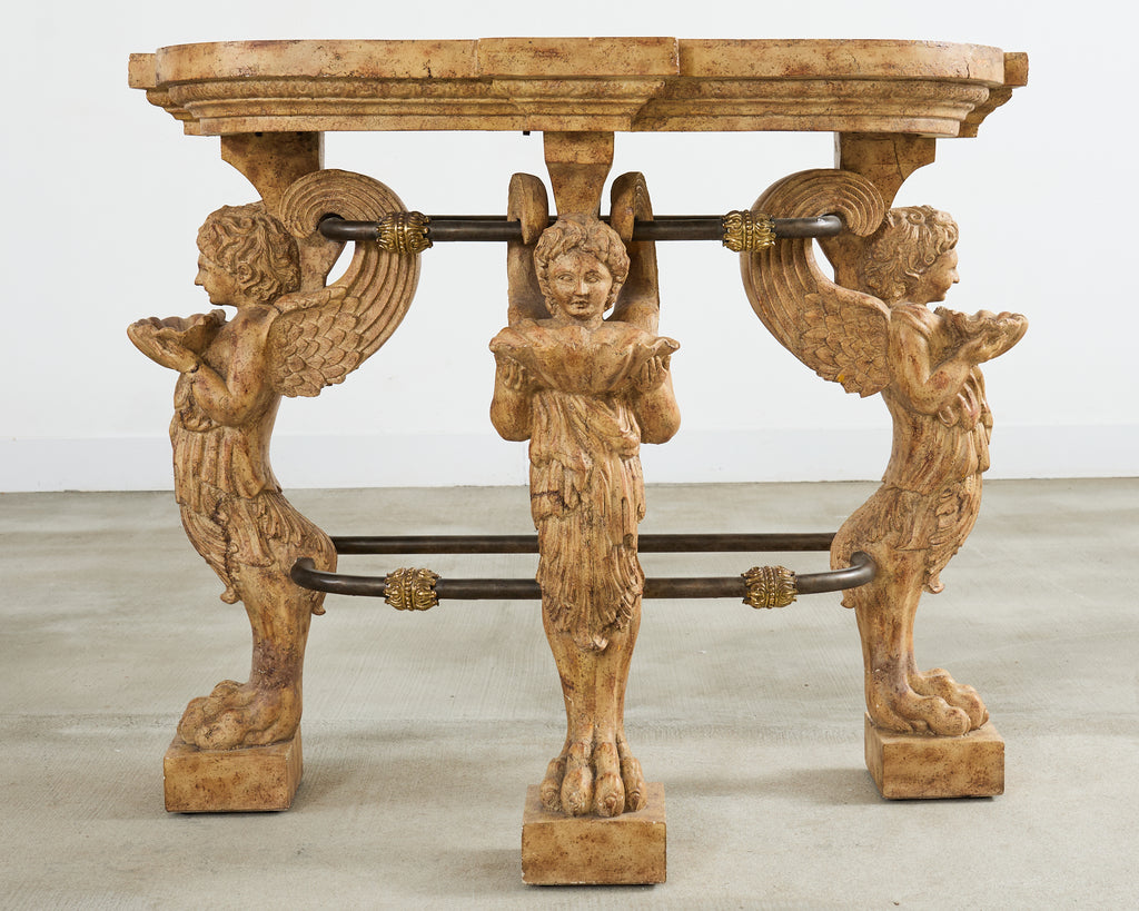 Pair of Maitland Smith Neoclassical Cast Stone Demilune Consoles