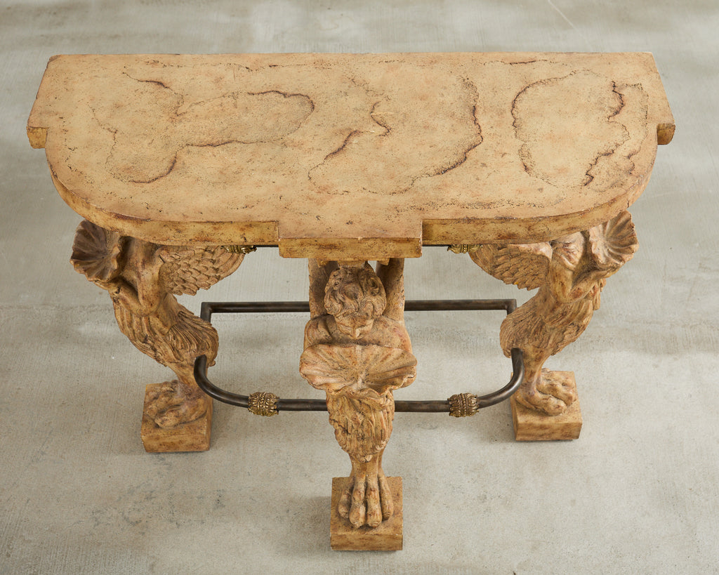 Pair of Maitland Smith Neoclassical Cast Stone Demilune Consoles