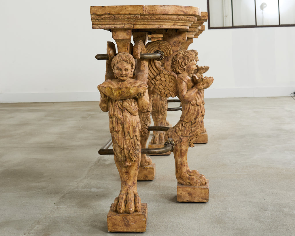 Pair of Maitland Smith Neoclassical Cast Stone Demilune Consoles