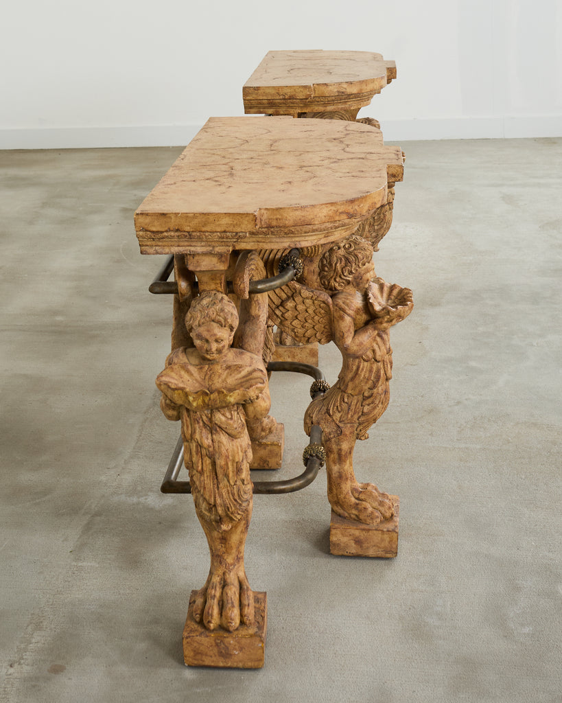 Pair of Maitland Smith Neoclassical Cast Stone Demilune Consoles