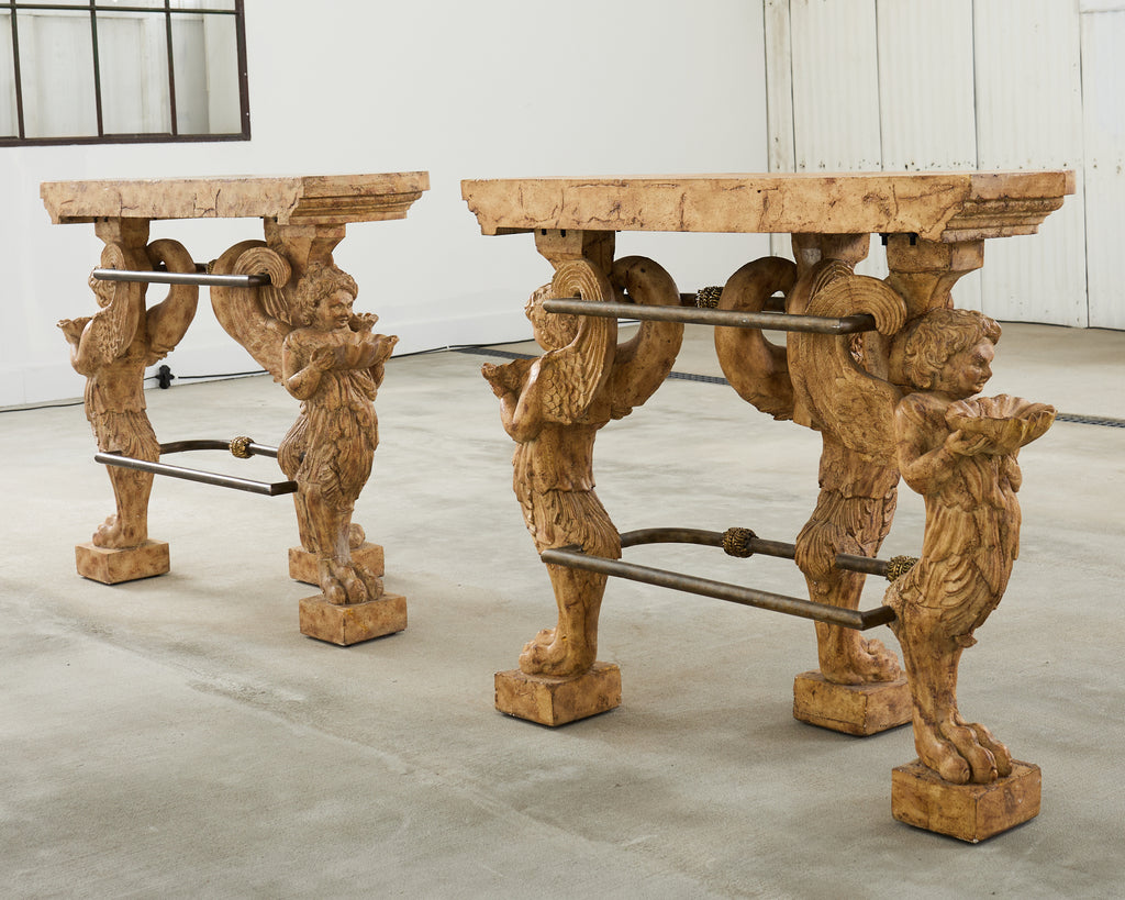 Pair of Maitland Smith Neoclassical Cast Stone Demilune Consoles