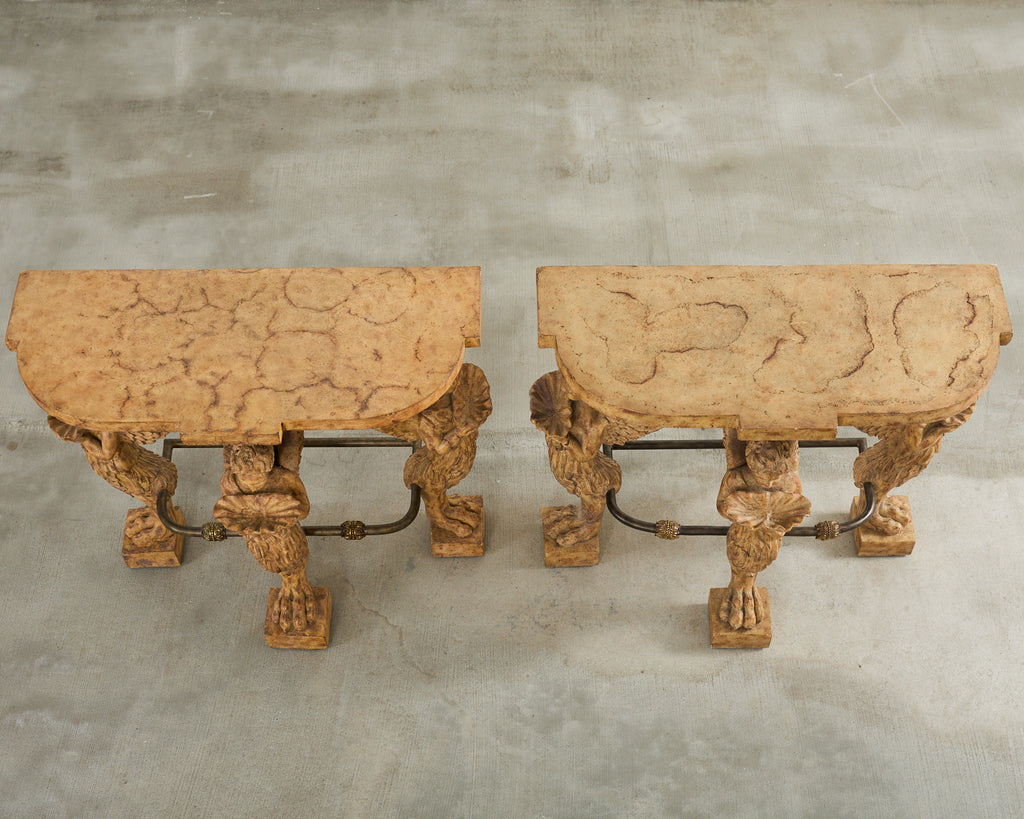 Pair of Maitland Smith Neoclassical Cast Stone Demilune Consoles