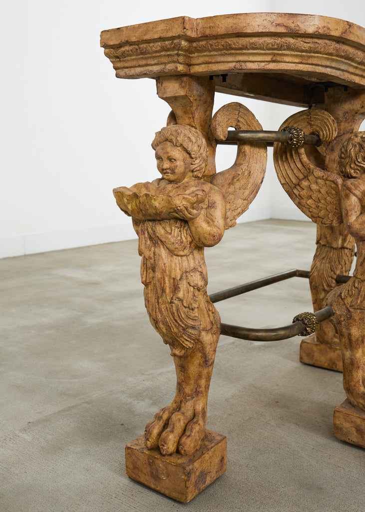 Pair of Maitland Smith Neoclassical Cast Stone Demilune Consoles