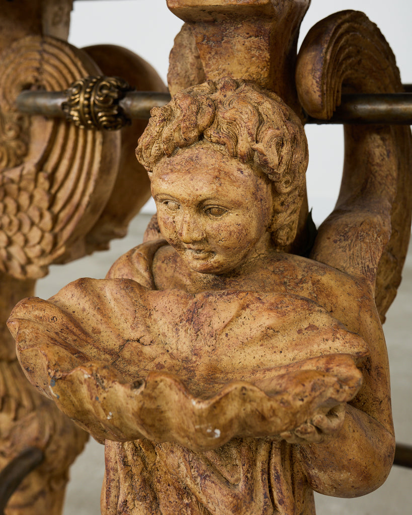 Pair of Maitland Smith Neoclassical Cast Stone Demilune Consoles