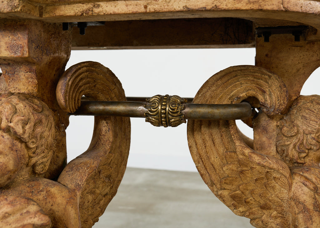 Pair of Maitland Smith Neoclassical Cast Stone Demilune Consoles