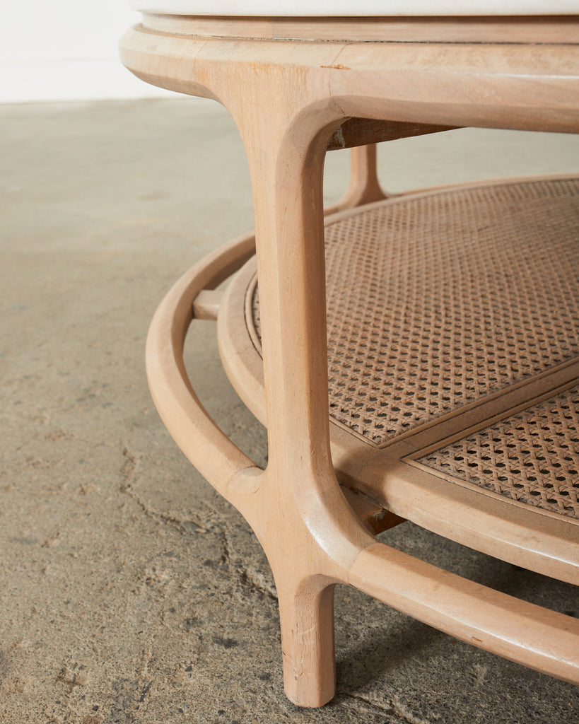 Midcentury McGuire Style Round Marble Top Caned Cocktail Table