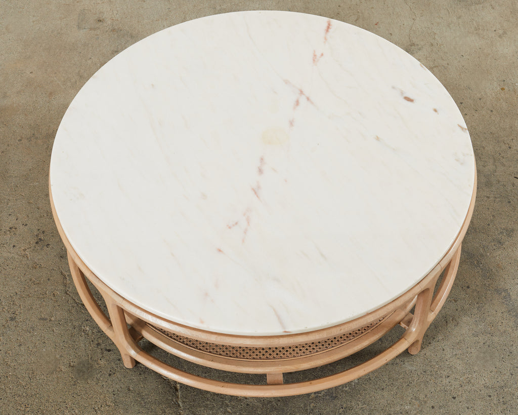 Midcentury McGuire Style Round Marble Top Caned Cocktail Table