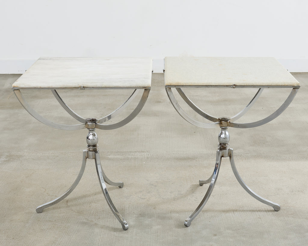 Pair of Neoclassical Style Steel Granite Top Bistro Tables