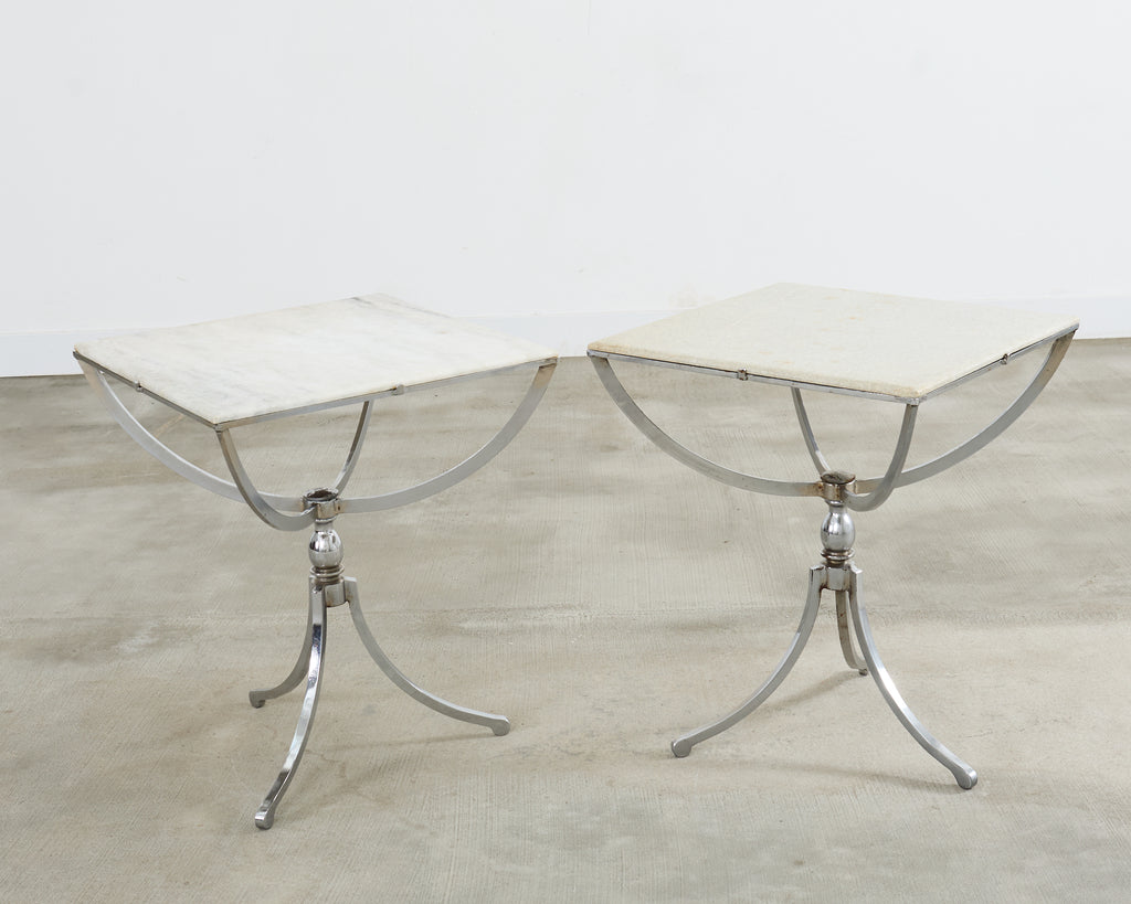 Pair of Neoclassical Style Steel Granite Top Bistro Tables