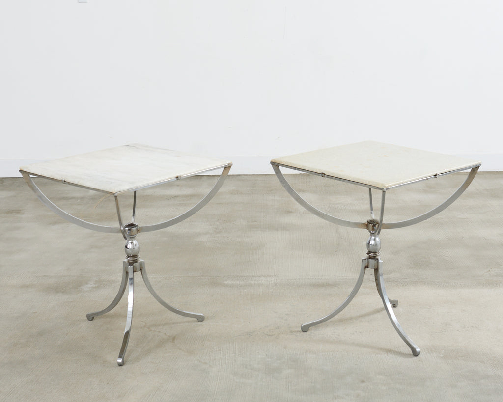 Pair of Neoclassical Style Steel Granite Top Bistro Tables
