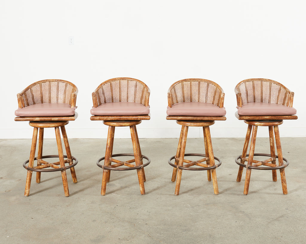 Set of Four McGuire Rattan Oak Caned Back Bar Stools