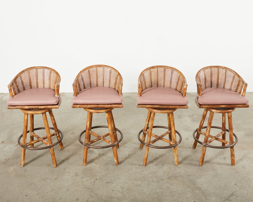 Set of Four McGuire Rattan Oak Caned Back Bar Stools